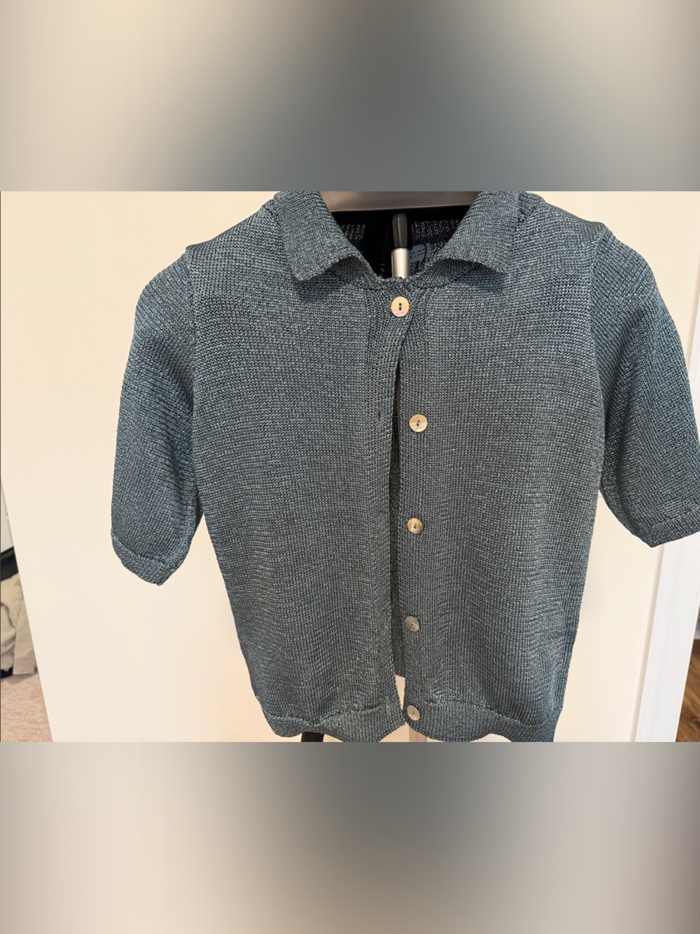 Zara Short-Sleeve Button-Front Sweater in Teal-Blue